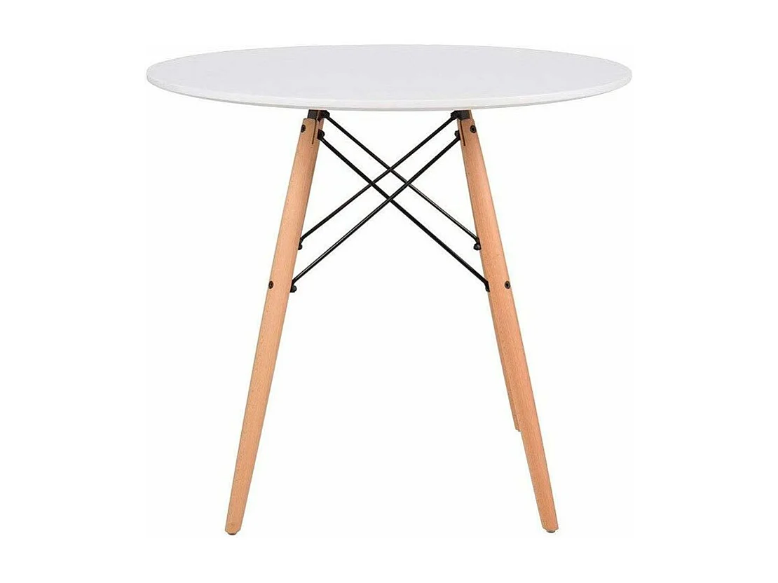 Mesa de comedor redonda de 75x80 cm con patas de madera y sobre en color blanco Nórdica