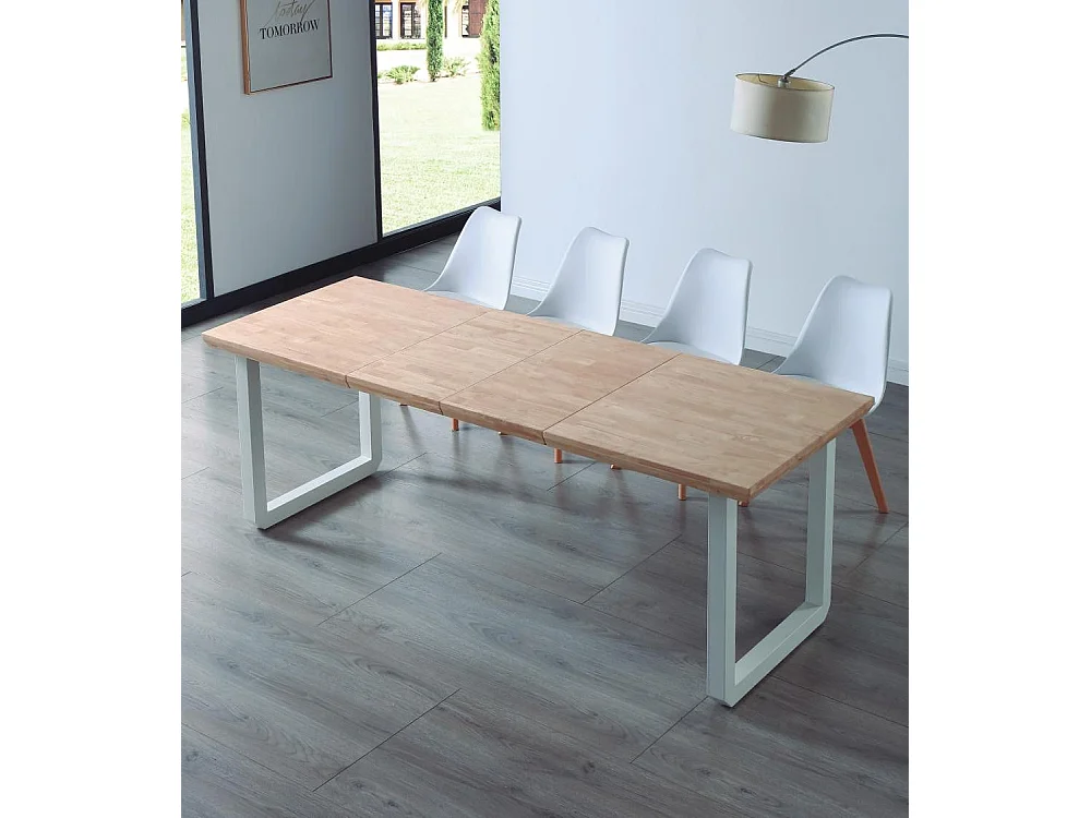 Mesa de comedor extensible de 77x80x148-180-220 cm en roble nordish y patas blancas Jack