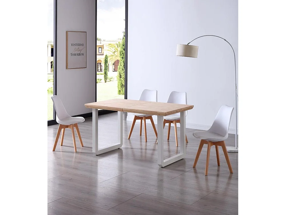 Mesa de comedor extensible de 77x80x148-180-220 cm en roble nordish y patas blancas Jack