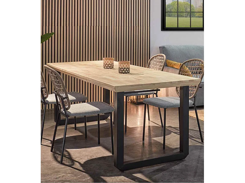 Mesa de comedor extensible de 77x80x148-180-220 cm en roble honey y patas negras Jack