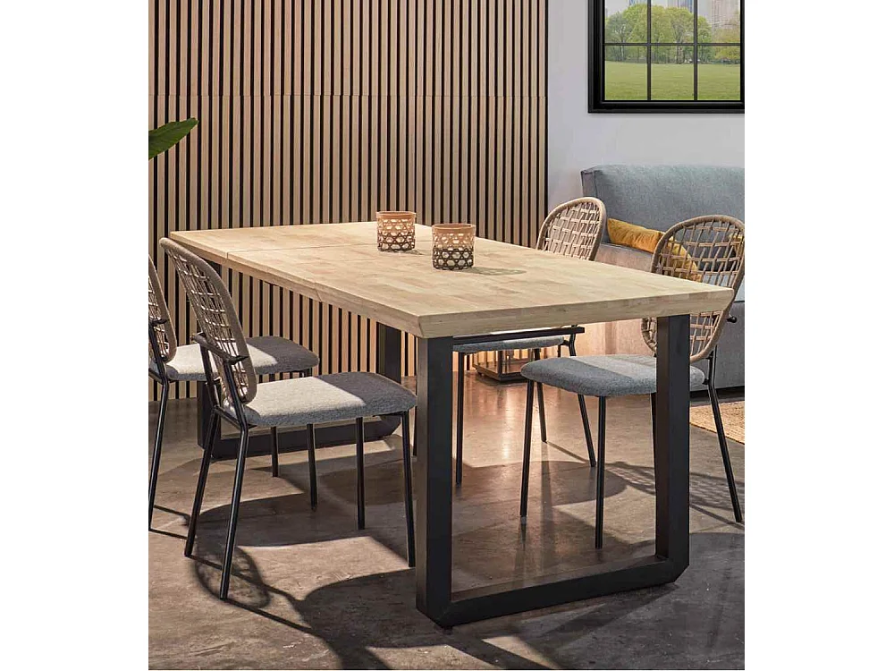 Mesa de comedor extensible de 77x80x148-180-220 cm en roble honey y patas negras Jack