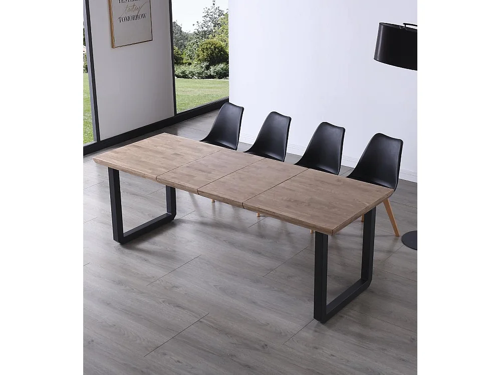 Mesa de comedor extensible de 77x80x148-180-220 cm en roble honey y patas negras Jack