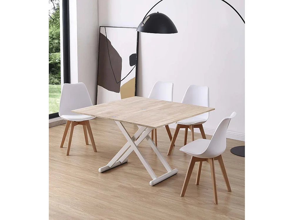 Mesa de centro convertible en mesa de comedor de 49-76x110-114x57-110 cm pata blanca Xana