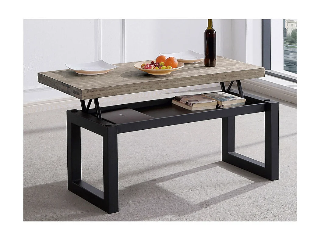 Mesa de centro elevable de 120x60x48 cm con sobre de madera oscura y patas negras Darek