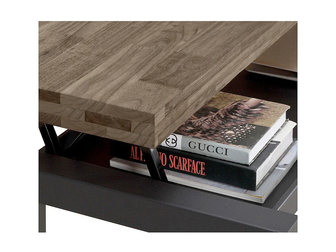 Mesa de centro elevable de 120x60x48 cm con sobre de madera oscura y patas negras Darek