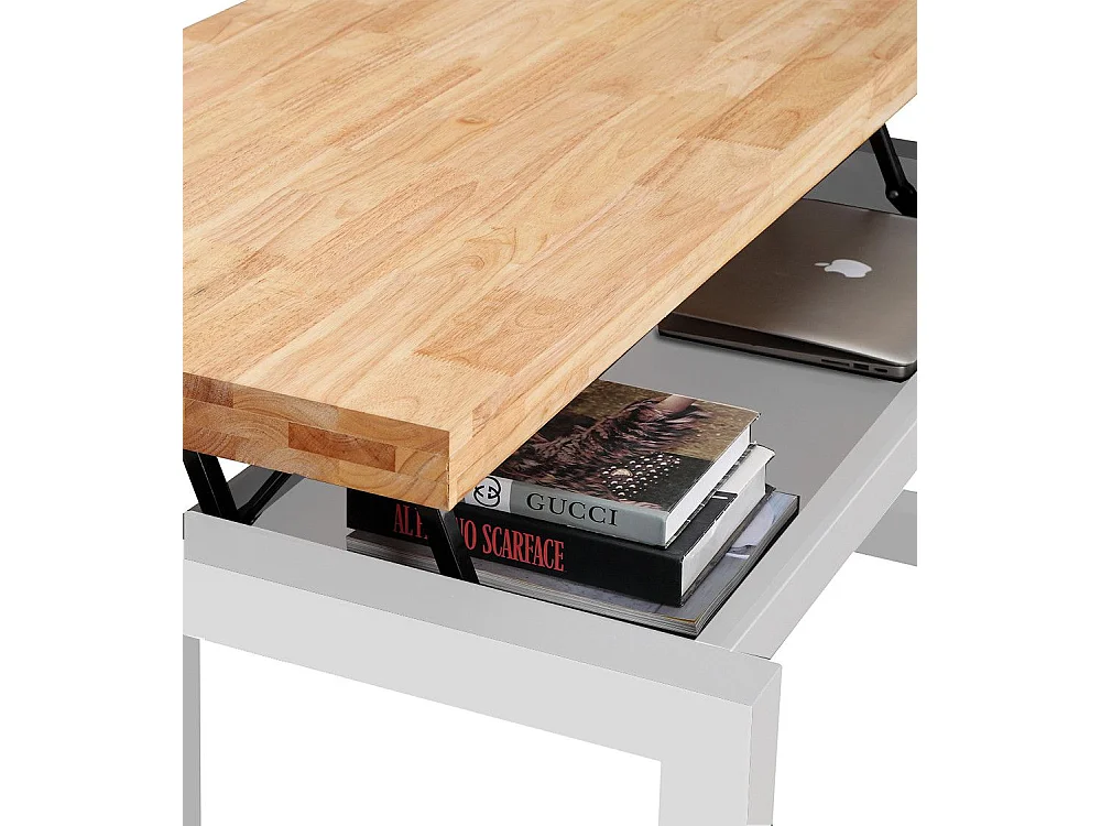 Mesa de centro elevable de 120x60x48 cm con sobre de madera y patas blancas Darek