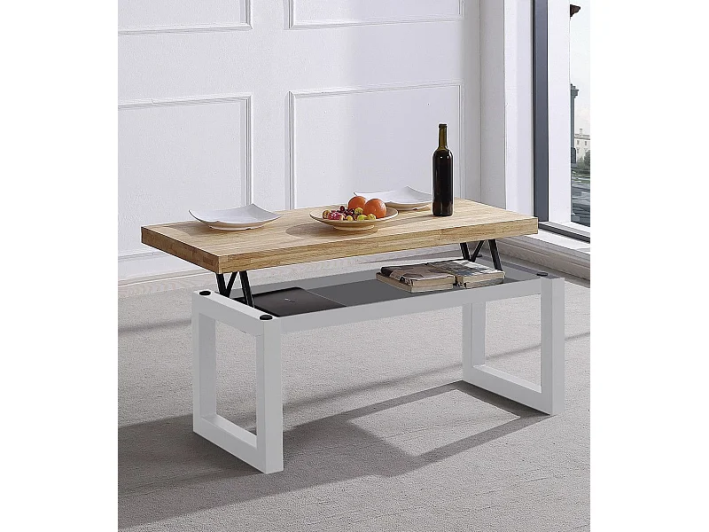 Mesa de centro elevable de 120x60x48 cm con sobre de madera y patas blancas Darek
