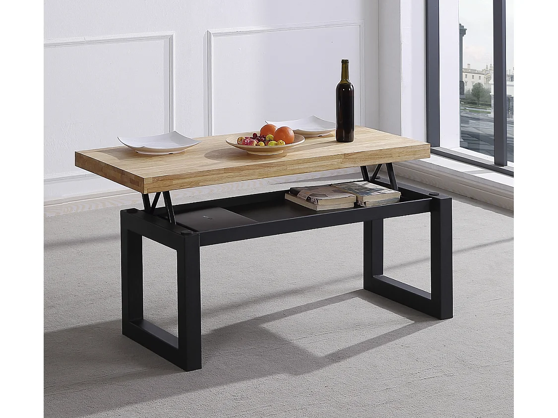 Mesa de centro elevable de 120x60x48 cm con sobre de madera y patas negras Darek