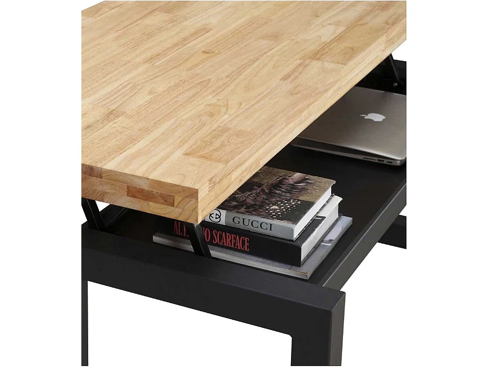 Mesa de centro elevable de 120x60x48 cm con sobre de madera y patas negras Darek