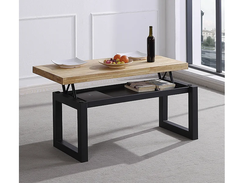 Mesa de centro elevable de 120x60x48 cm con sobre de madera y patas negras Darek