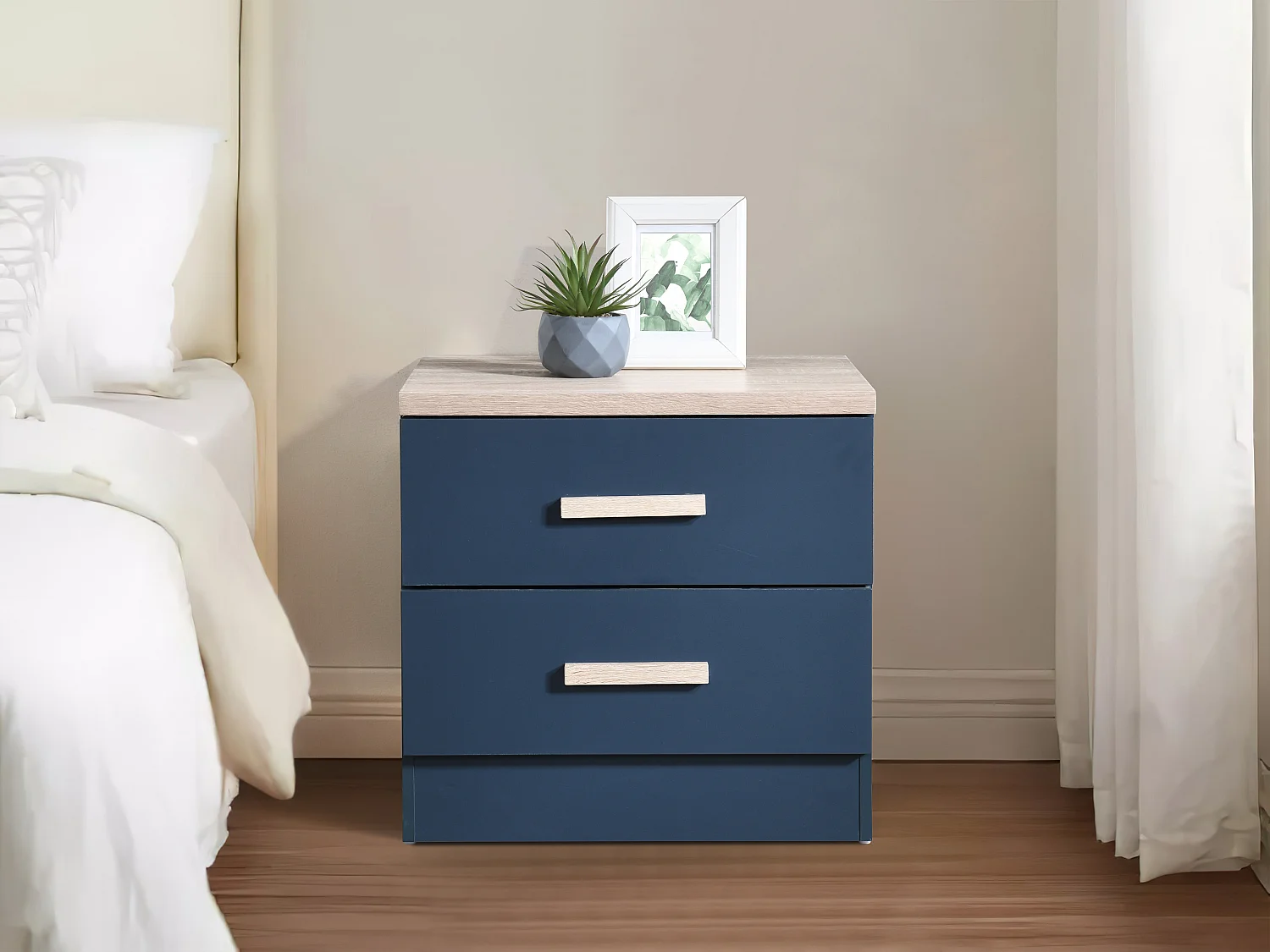 Set van 2 nachtkastjes met 2 lades - Blauw en houtlook - SKAIDO