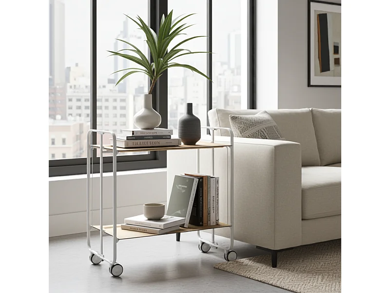 Carrito auxiliar plegable con ruedas - Estructura metálica blanca, 2 estantes laminados color Haya – 72*66*43 cm - BAUHAUS