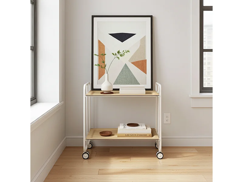 Carrito auxiliar plegable con ruedas - Estructura metálica blanca, 2 estantes laminados color Haya – 72*66*43 cm - BAUHAUS