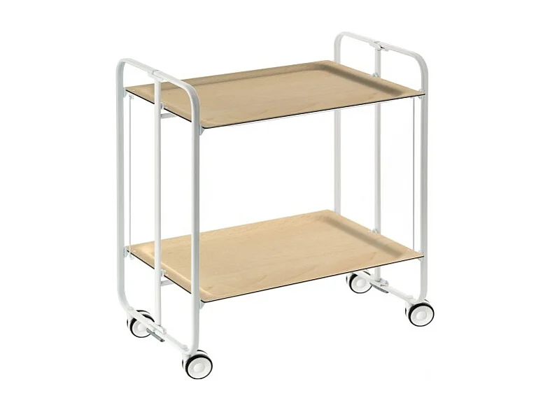 Chariot pliant à roulettes, , table pliante roulante - Structure métallique blanche, 2 niveaux en stratifié couleur Hêtre - 72*66*43 cm - BAUHAUS