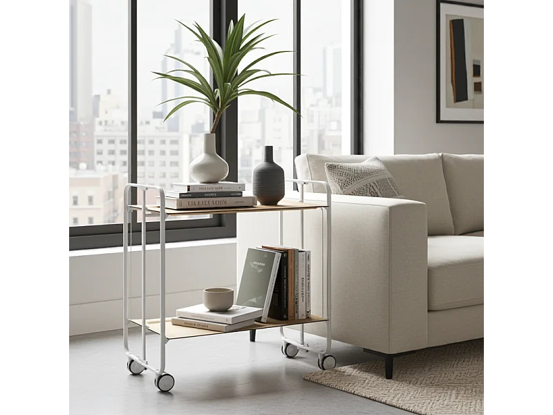 Chariot pliant à roulettes, , table pliante roulante - Structure métallique blanche, 2 niveaux en stratifié couleur Hêtre - 72*66*43 cm - BAUHAUS