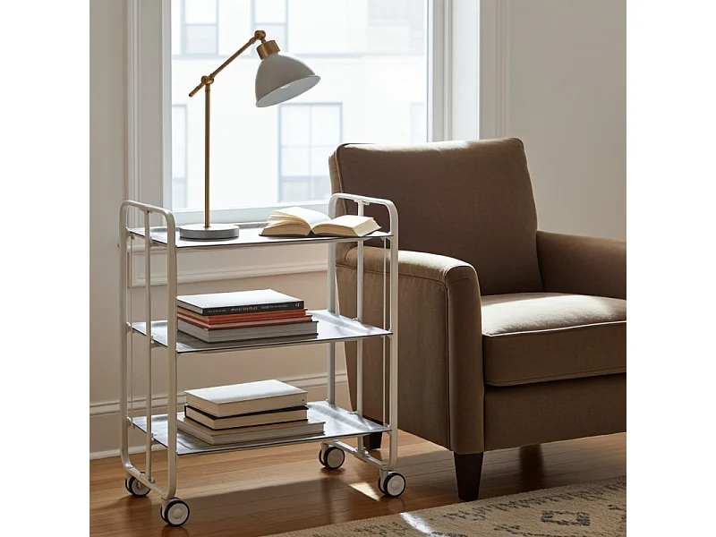 DON HIERRO - Carrito auxiliar plegable BAUHAUS blanco con ruedas – 3 niveles y 3 posiciones-