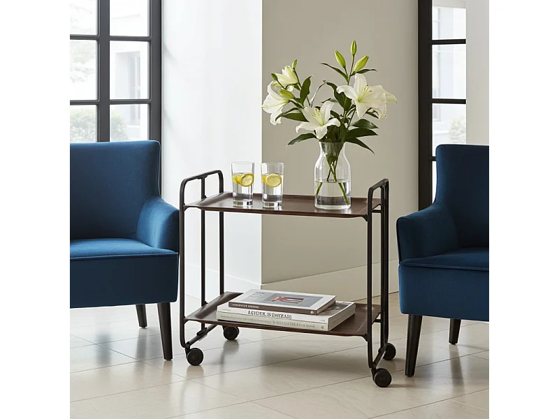 Carrito auxiliar plegable con ruedas - Estructura metálica negra, 2 estantes laminados color Wenghe – 72*66*43 cm - BAUHAUS