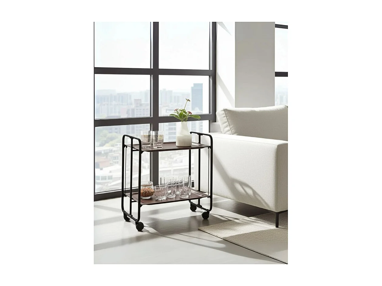 Carrito auxiliar plegable con ruedas - Estructura metálica negra, 2 estantes laminados color Wenghe – 72*66*43 cm - BAUHAUS