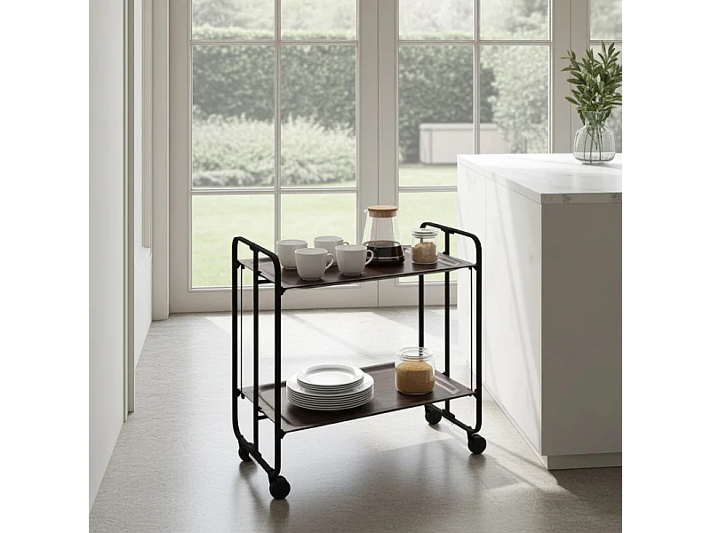 Carrito auxiliar plegable con ruedas - Estructura metálica negra, 2 estantes laminados color Wenghe – 72*66*43 cm - BAUHAUS