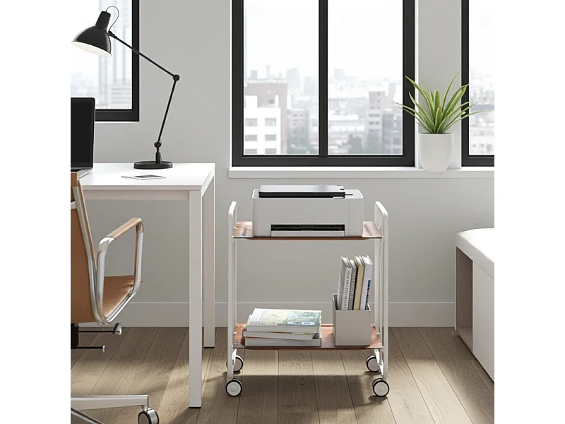 Carrito auxiliar plegable con ruedas - Estructura metálica blanca, 2 estantes laminados color Cedro – 72*66*43 cm - BAUHAUS