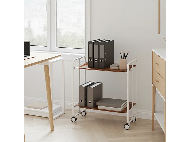 Carrito auxiliar plegable con ruedas - Estructura metálica blanca, 2 estantes laminados color Cedro – 72*66*43 cm - BAUHAUS