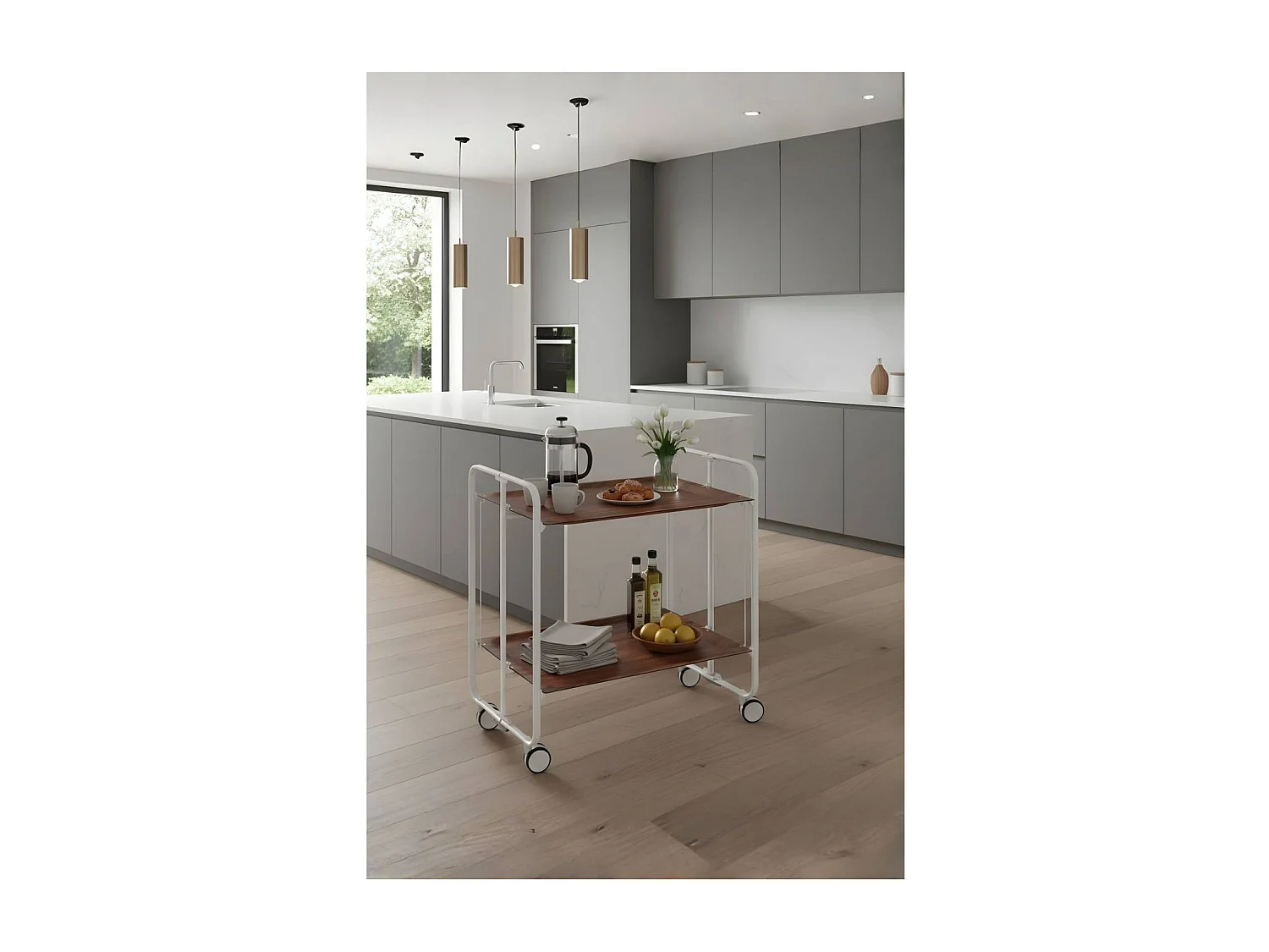 Carrito auxiliar plegable con ruedas - Estructura metálica blanca, 2 estantes laminados color Cedro – 72*66*43 cm - BAUHAUS