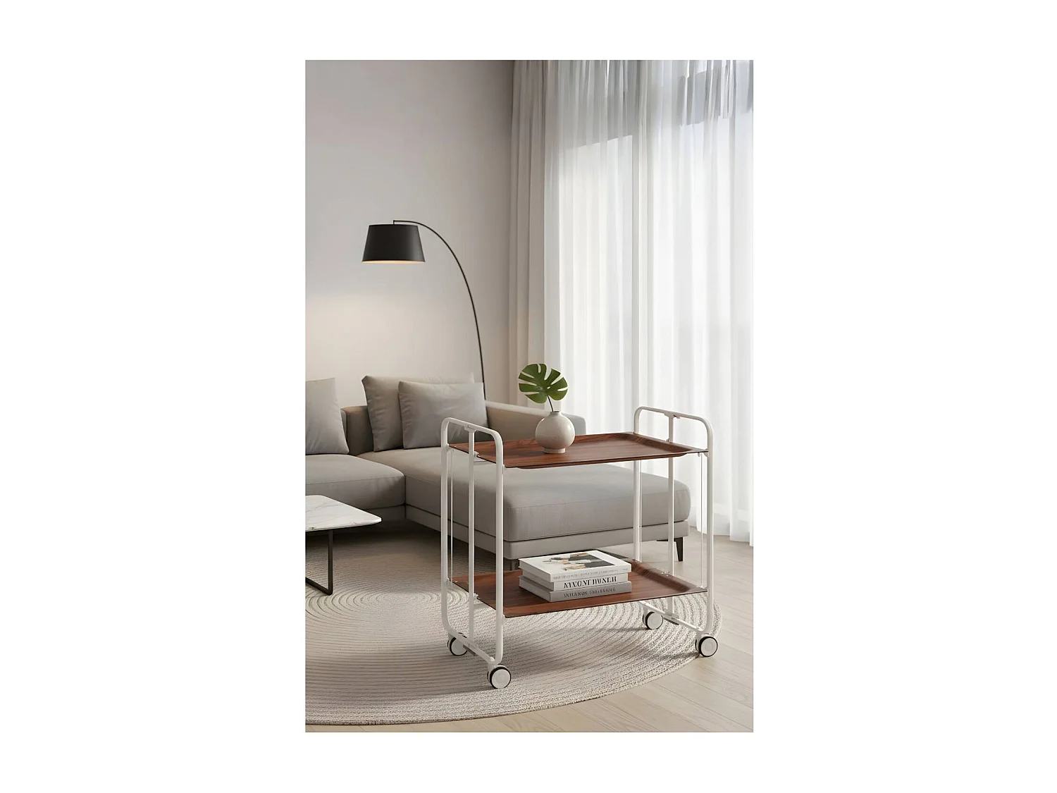 Carrito auxiliar plegable con ruedas - Estructura metálica blanca, 2 estantes laminados color Cedro – 72*66*43 cm - BAUHAUS