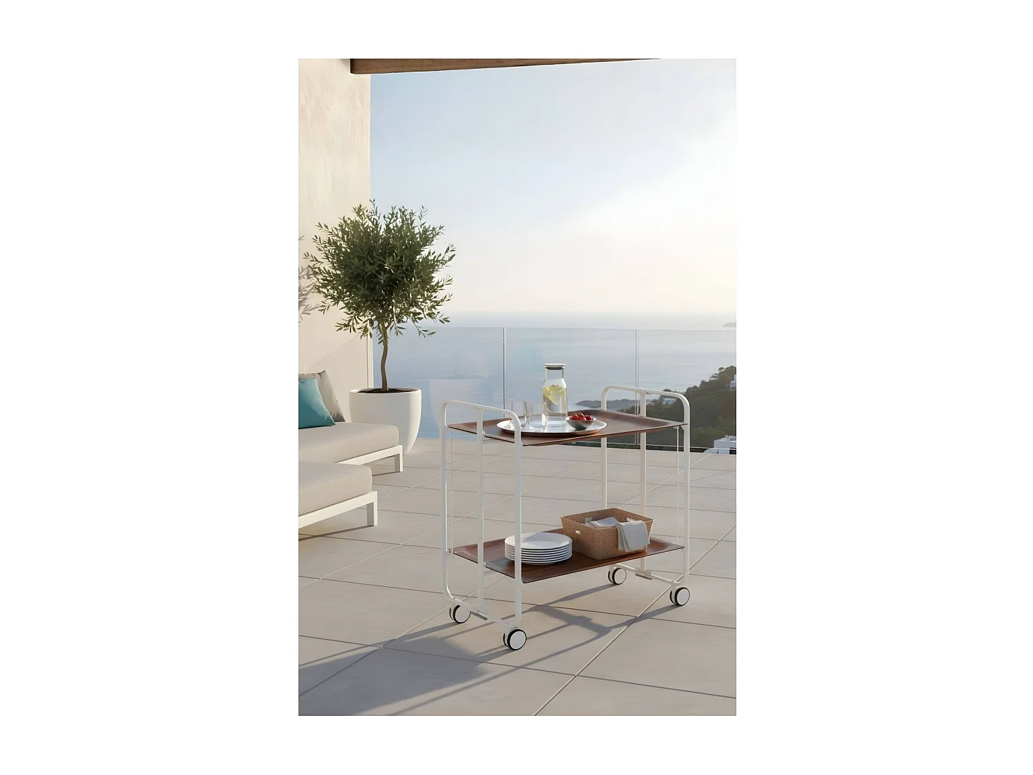Carrito auxiliar plegable con ruedas - Estructura metálica blanca, 2 estantes laminados color Cedro – 72*66*43 cm - BAUHAUS