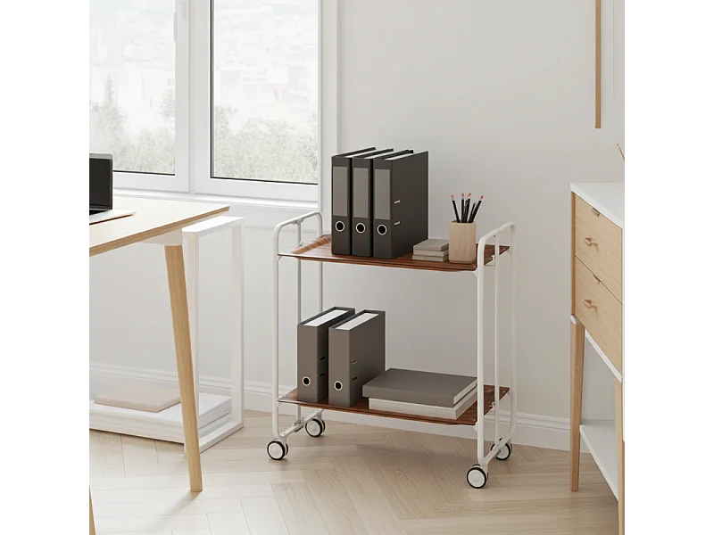 Klappbarer Servierwagen mit Rädern - Weißer Metallrahmen ,mit 2 laminierte Ablagen in Zederfarbe - 72*66*43 cm - BAUHAUS