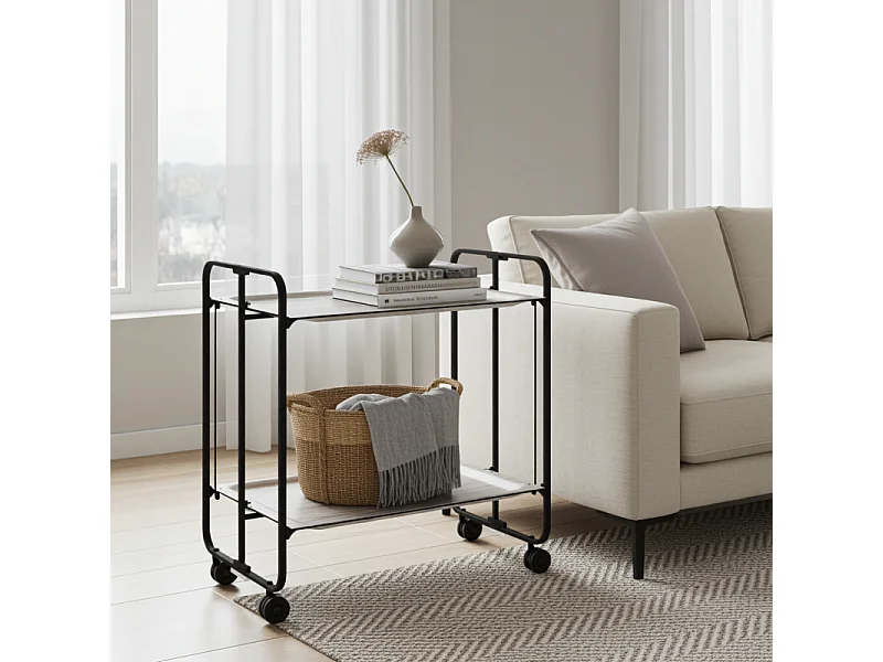 Carrito auxiliar plegable con ruedas - Estructura metálica negra, 2 estantes laminados color Fresno – 72*66*43 cm - BAUHAUS