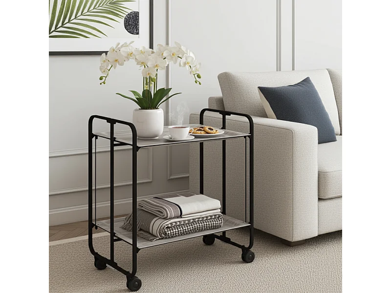 Carrito auxiliar plegable con ruedas - Estructura metálica negra, 2 estantes laminados color Fresno – 72*66*43 cm - BAUHAUS