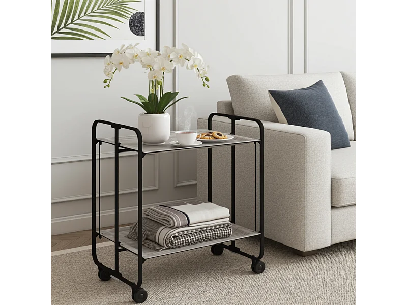 Carrito auxiliar plegable con ruedas - Estructura metálica negra, 2 estantes laminados color Fresno – 72*66*43 cm - BAUHAUS