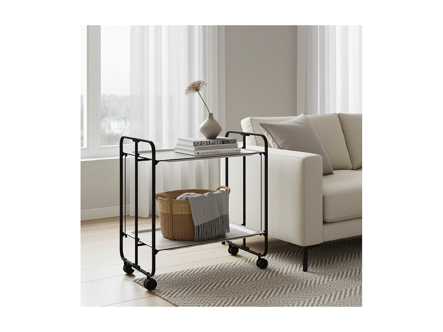 Chariot pliant à roulettes, table pliante roulante - Structure métallique noire, 2 niveaux en stratifié couleur Frêne - 72*66*43 cm - BAUHAUS