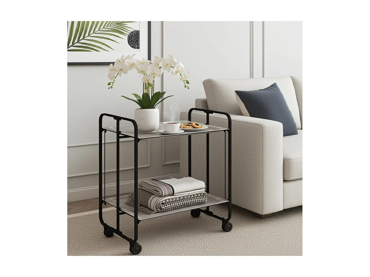 Chariot pliant à roulettes, table pliante roulante - Structure métallique noire, 2 niveaux en stratifié couleur Frêne - 72*66*43 cm - BAUHAUS
