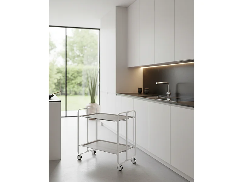 Klappbarer Servierwagen mit Rädern - Weißer Metallrahmen, 2 eschenholzfarbene laminierte Ablagen - 72*66*43 cm - BAUHAUS