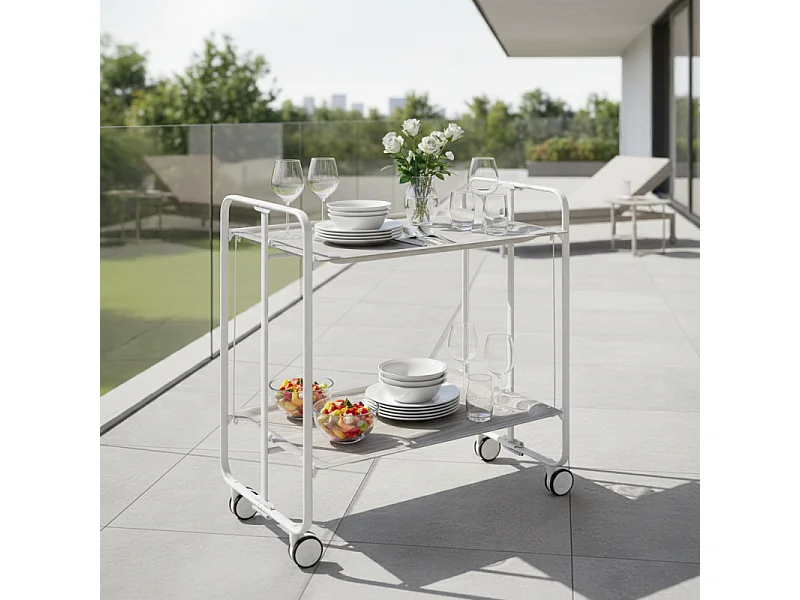 Carrito auxiliar plegable con ruedas - Estructura metálica blanca, 2 estantes laminados color Fresno – 72*66*43 cm - BAUHAUS