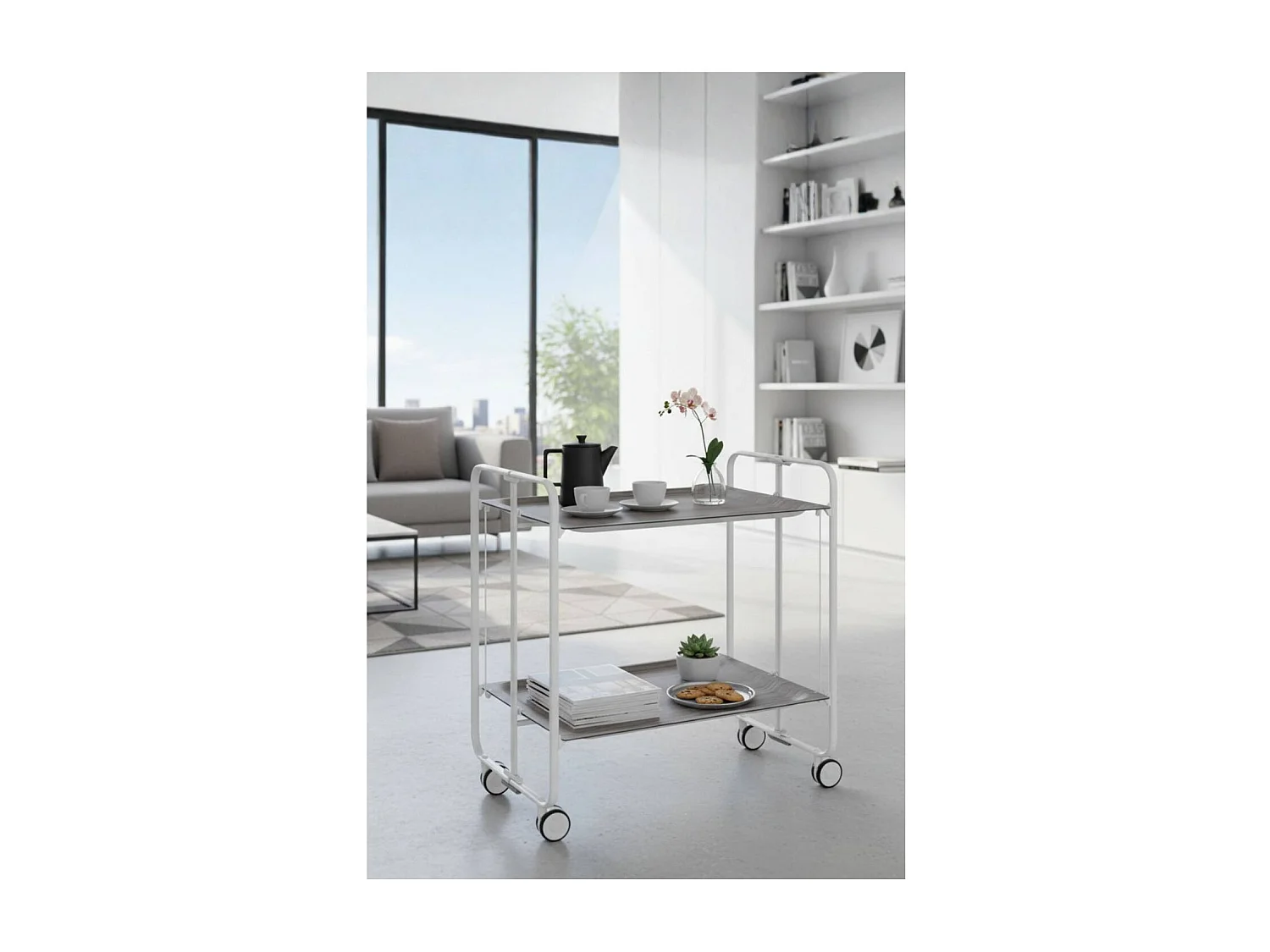 Carrito auxiliar plegable con ruedas - Estructura metálica blanca, 2 estantes laminados color Fresno – 72*66*43 cm - BAUHAUS