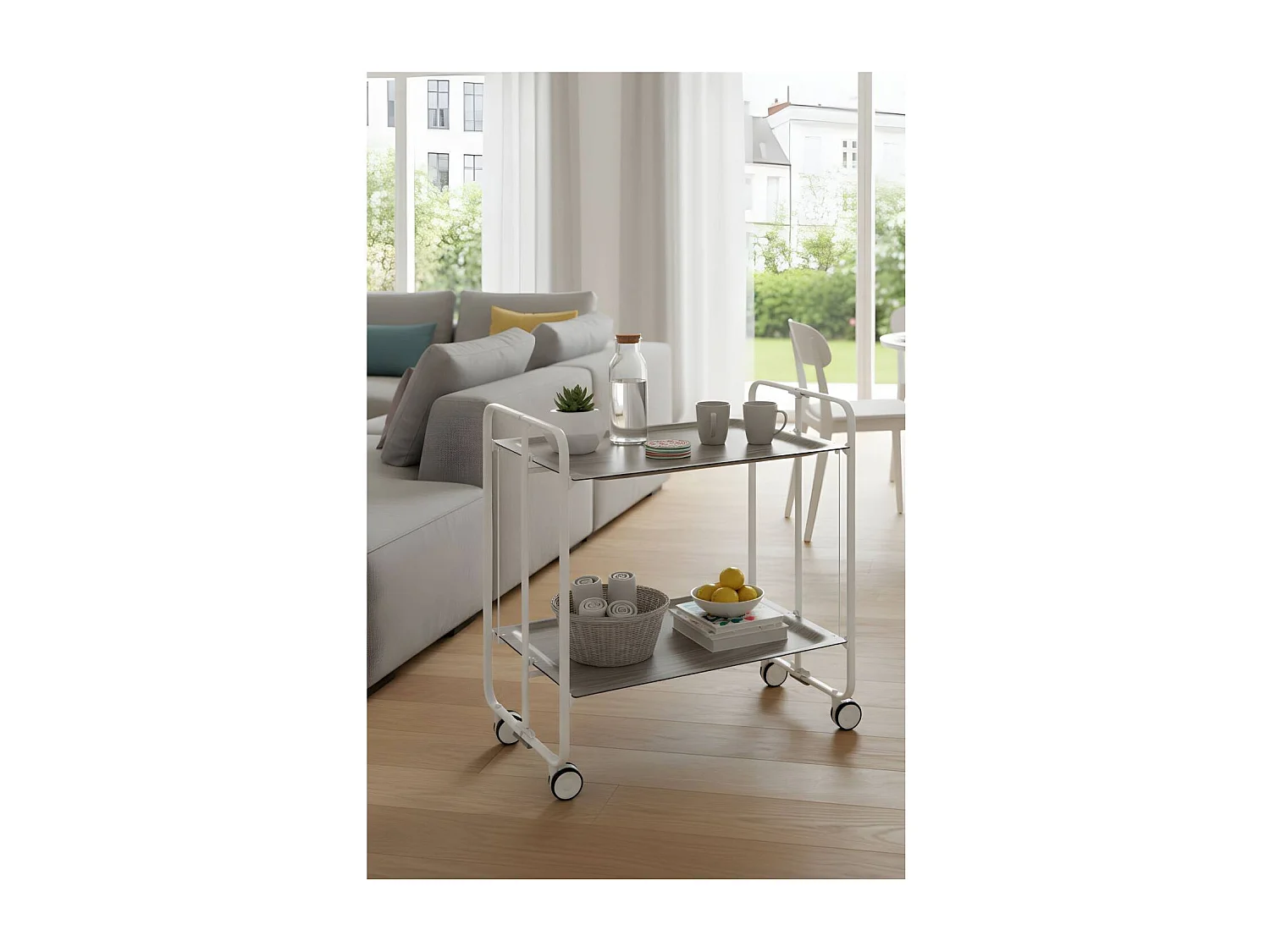 Carrito auxiliar plegable con ruedas - Estructura metálica blanca, 2 estantes laminados color Fresno – 72*66*43 cm - BAUHAUS