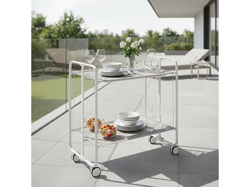 Carrito auxiliar plegable con ruedas - Estructura metálica blanca, 2 estantes laminados color Fresno – 72*66*43 cm - BAUHAUS