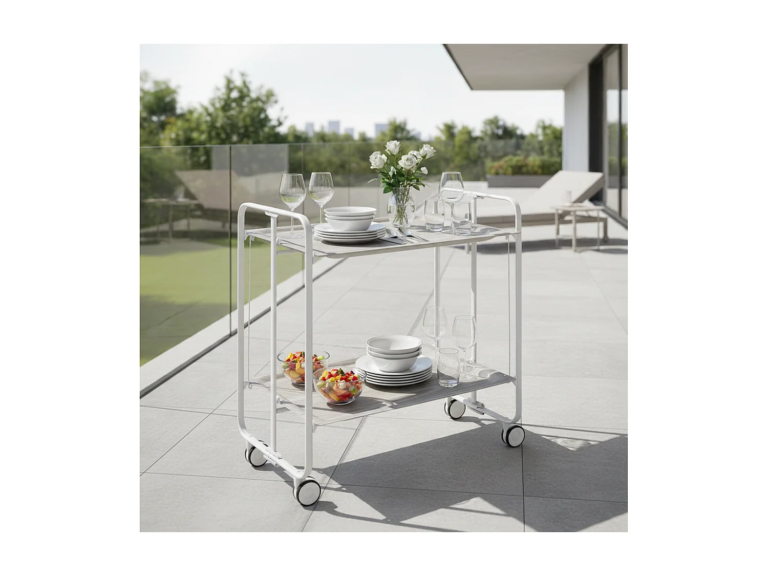 Carrito auxiliar plegable con ruedas - Estructura metálica blanca, 2 estantes laminados color Fresno – 72*66*43 cm - BAUHAUS