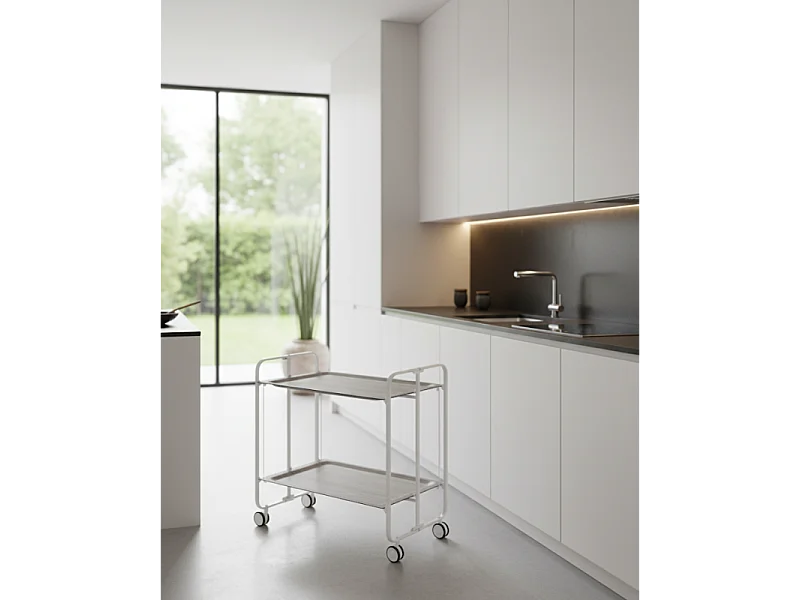 Klappbarer Servierwagen mit Rädern - Weißer Metallrahmen, 2 eschenholzfarbene laminierte Ablagen - 72*66*43 cm - BAUHAUS