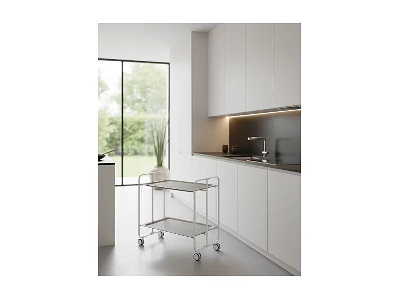 Carrito auxiliar plegable con ruedas - Estructura metálica blanca, 2 estantes laminados color Fresno – 72*66*43 cm - BAUHAUS