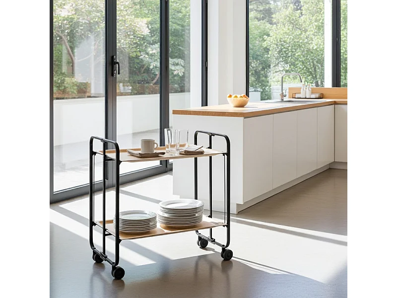 Servierwagen, klappbar, 2 Böden, Schwarzem Rahmen - Buchefarbene Laminatböden  - 72*66*43 cm - BAUHAUS