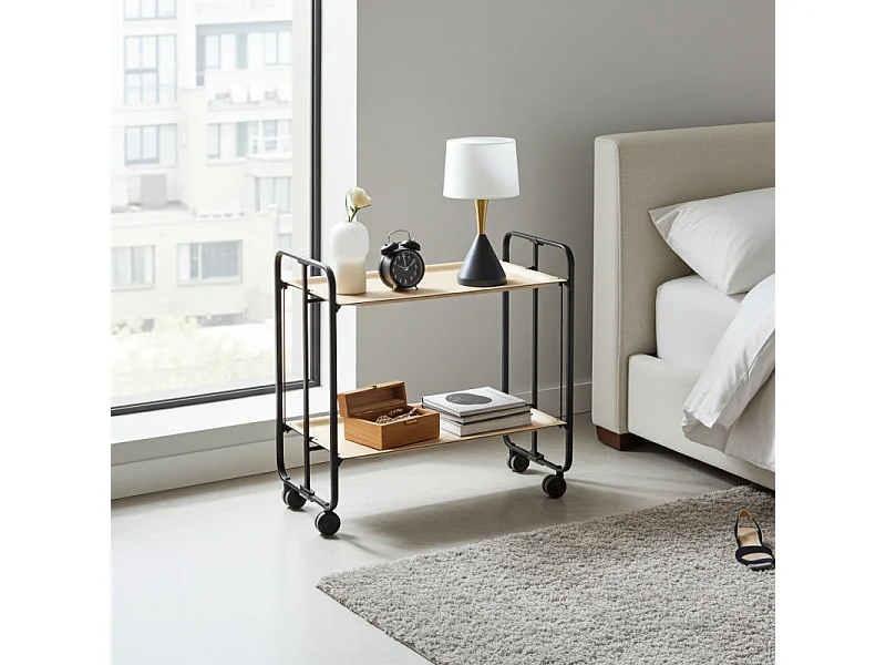 Carrito auxiliar plegable con ruedas - Estructura metálica negra, 2 estantes laminados color Haya – 72*66*43 cm - BAUHAUS