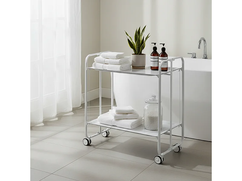 Carrito auxiliar plegable con ruedas - Estructura metálica blanca, 2 estantes blancos laminados – 72*66*43 cm - BAUHAUS