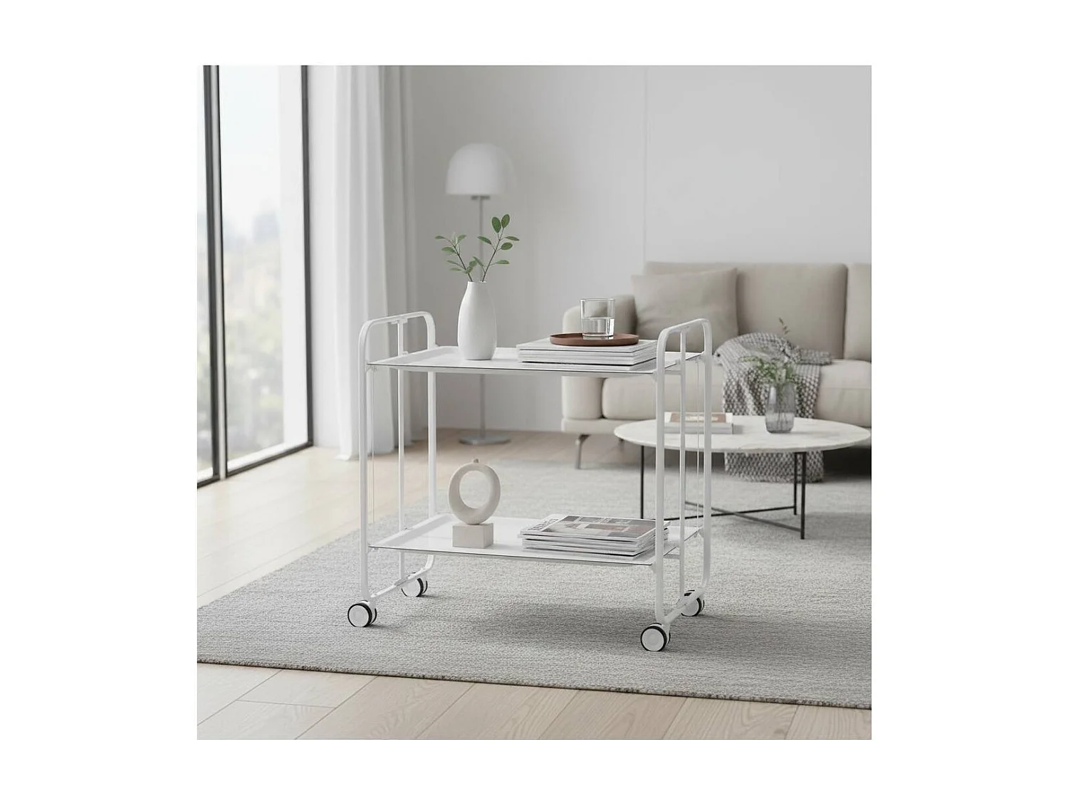 Carrito auxiliar plegable con ruedas - Estructura metálica blanca, 2 estantes blancos laminados – 72*66*43 cm - BAUHAUS