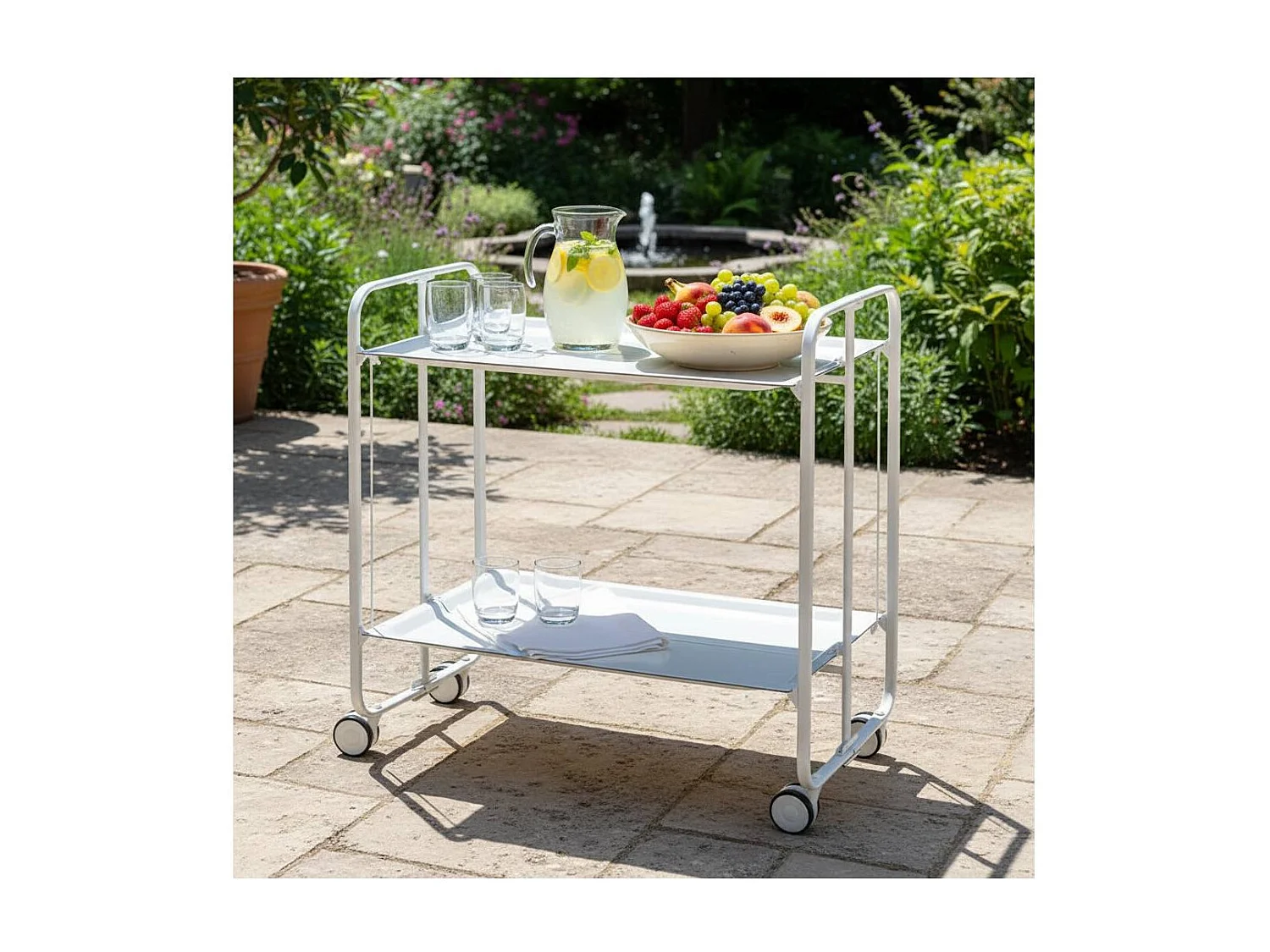Carrito auxiliar plegable con ruedas - Estructura metálica blanca, 2 estantes blancos laminados – 72*66*43 cm - BAUHAUS