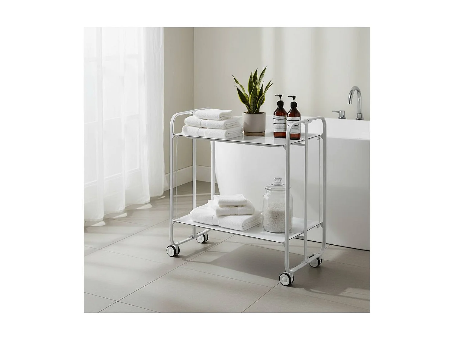 Carrito auxiliar plegable con ruedas - Estructura metálica blanca, 2 estantes blancos laminados – 72*66*43 cm - BAUHAUS