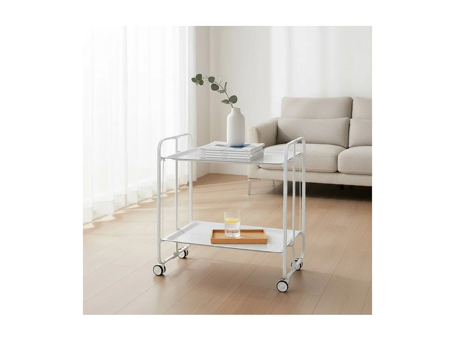Carrito auxiliar plegable con ruedas - Estructura metálica blanca, 2 estantes blancos laminados – 72*66*43 cm - BAUHAUS