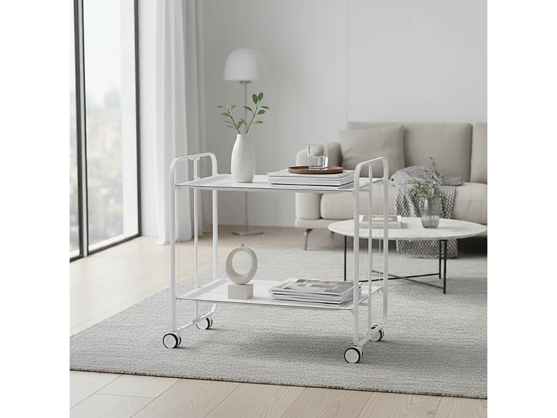 Carrello pieghevole con ruote - Struttura in metallo bianco, 2 ripiani in laminato bianco - 72*66*43 cm - BAUHAUS